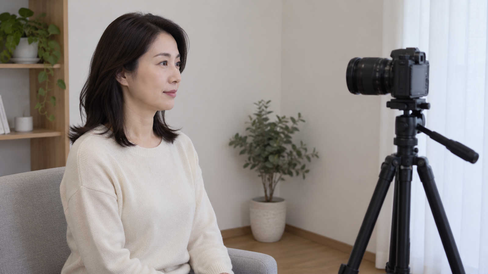 삼각대에 고정된 카메라 앞에서 입술을 편하게 두고 앉은 성인