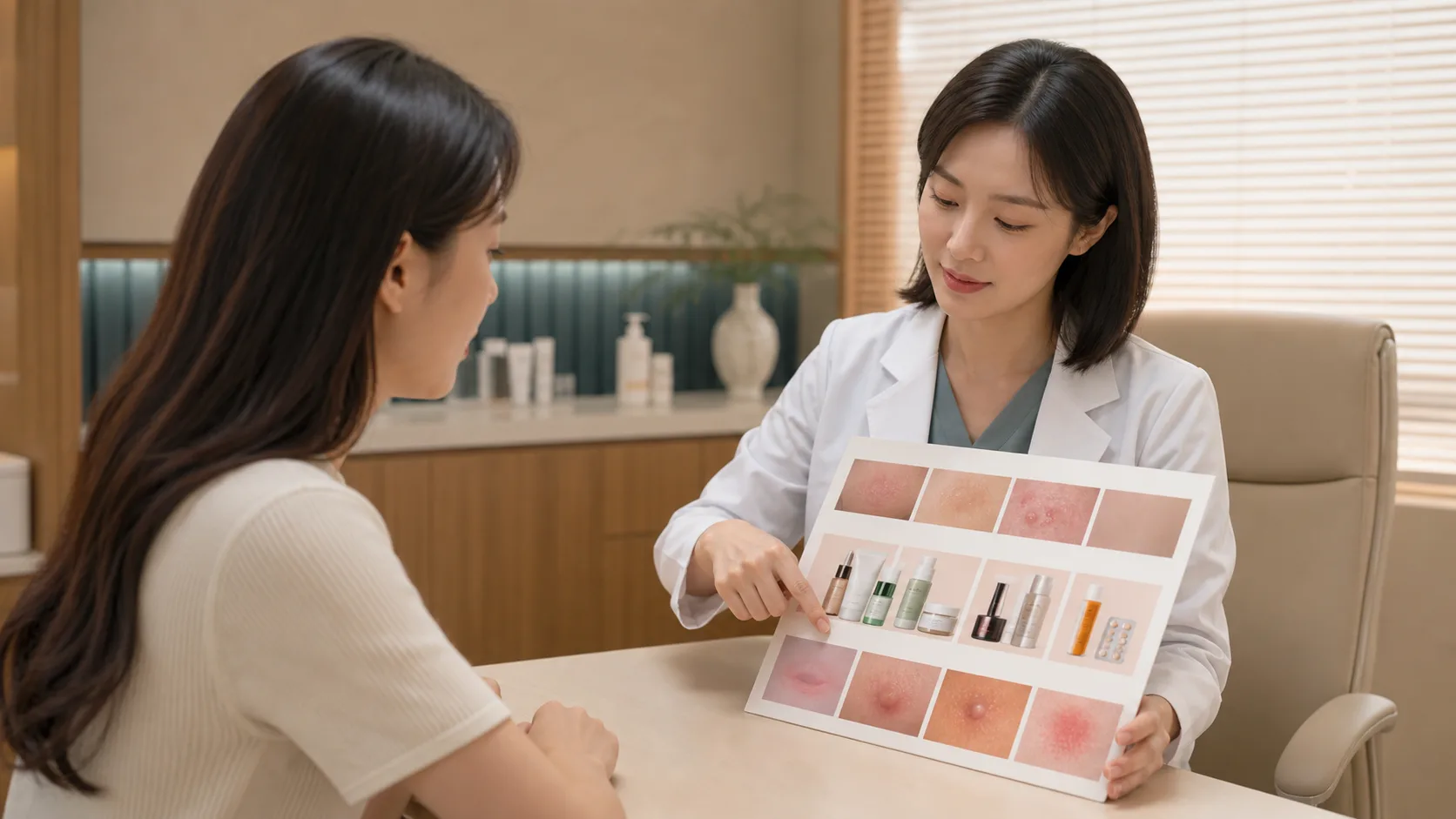과거 제모 반응과 반복 색소 변화, 피부 제품·약물, 통증성 결절과 열감 여부를 확인하는 상담 장면