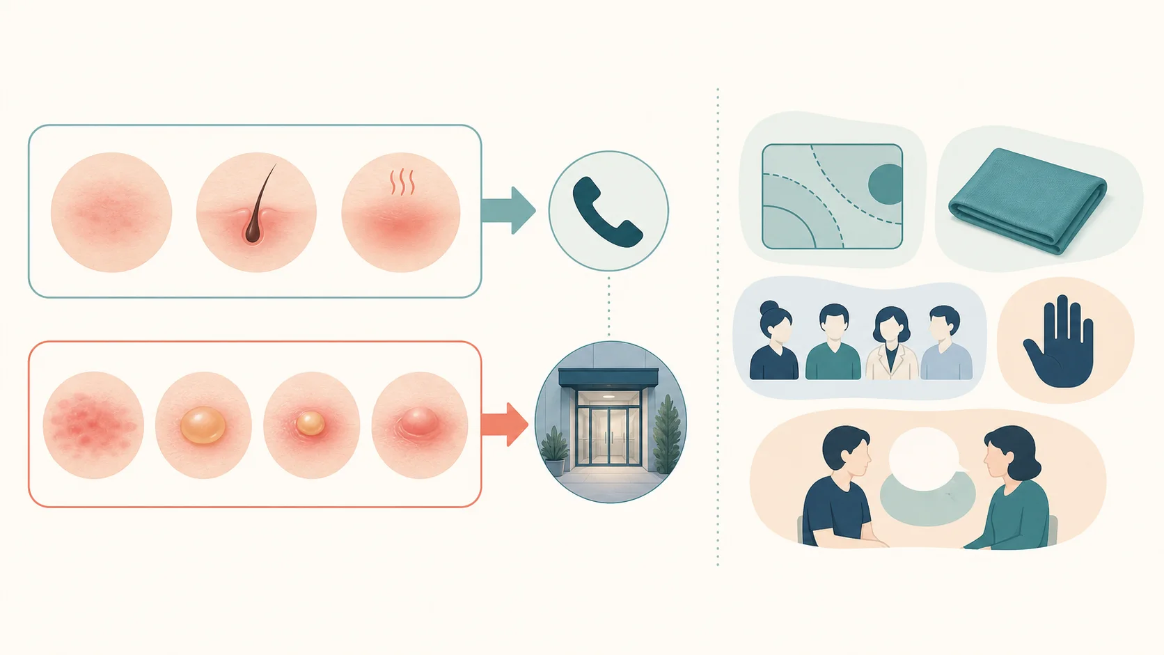 왼쪽에는 일시적 붉음·모낭 부기와 의료 평가가 필요한 물집·퍼지는 열감을 나누고 오른쪽에는 경계 합의·가림막·동석 인원·일시 중단 손짓을 배치한 안내도