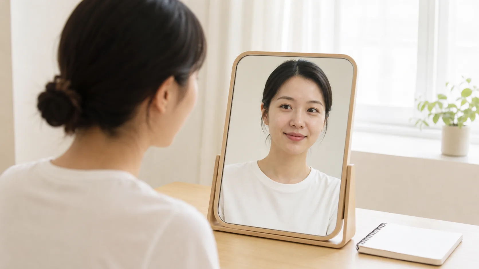 웃을 때 눈가 주름과 눈꺼풀 위치를 비교하는 모습