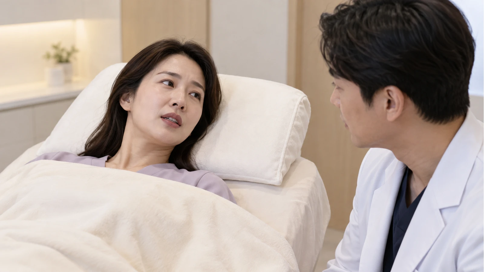 치료 침대에 기대 누운 성인이 옆의 의료진 역할 인물 쪽으로 고개를 돌려 말하는 모습