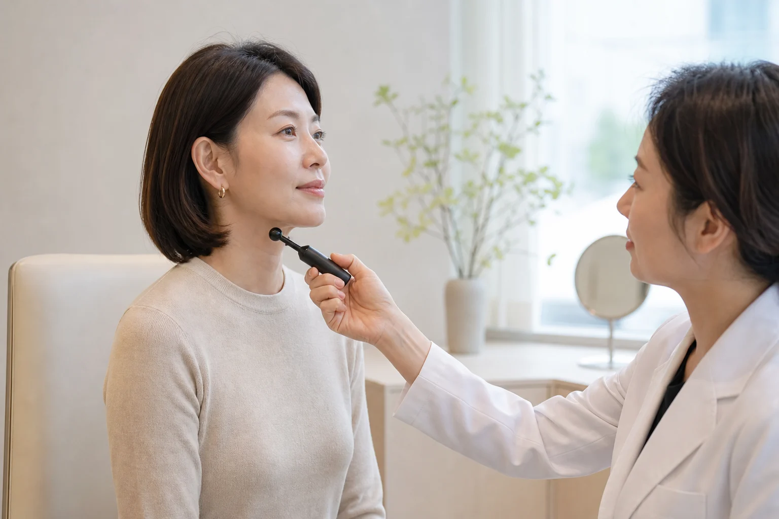 환자의 피부 두께를 확인하고 열감 민감도에 대해 상담하는 진주 덴서티 진찰 모습