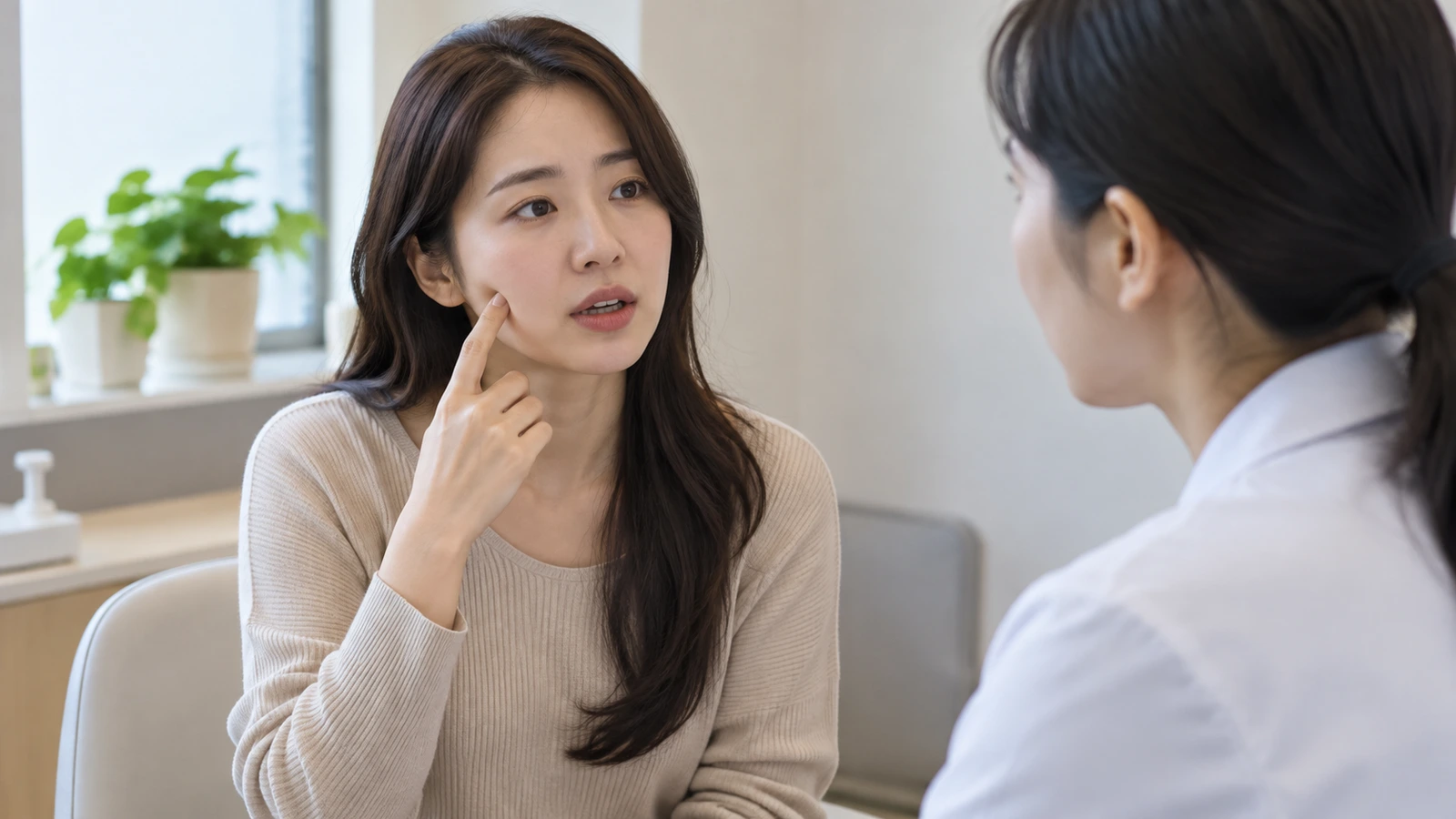 성인 여성이 검지로 한쪽 볼을 가리키며 흰 가운을 입은 상대에게 이야기하는 모습