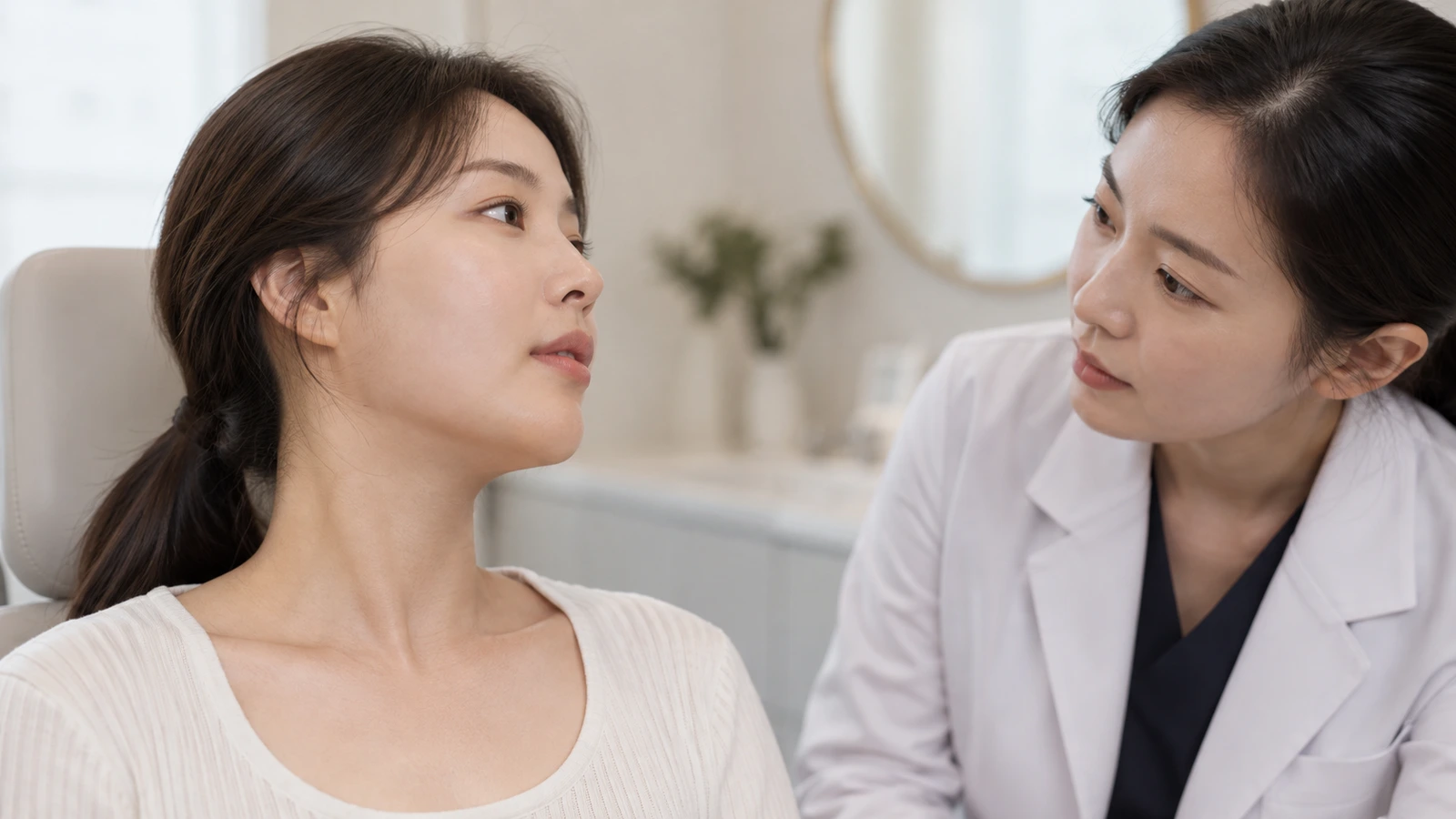 성인 여성이 고개를 약간 들어 볼과 턱선을 보여 주고 흰 가운을 입은 상대가 가까이 관찰하는 모습
