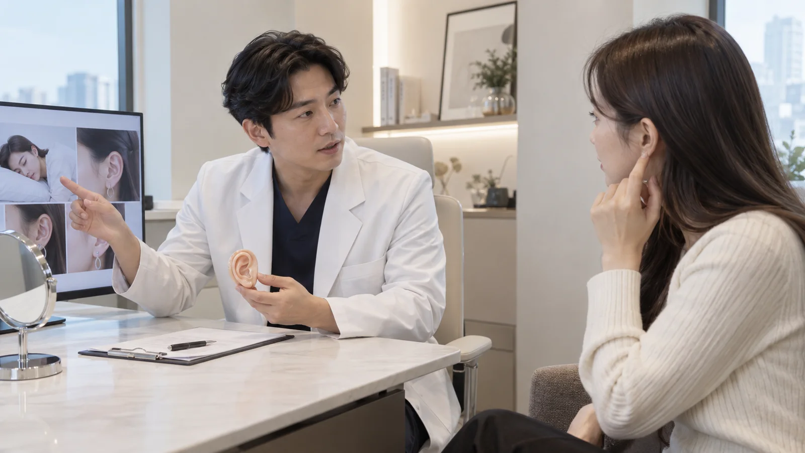 귀 장신구와 수면 자세에 따른 압박을 의료진과 상의하는 모습