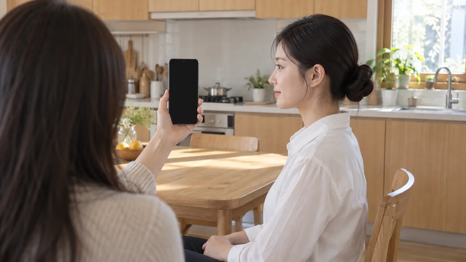 주방에서 친구가 든 휴대폰 너머로 머리를 낮게 묶고 옆으로 앉은 여성의 옆얼굴과 귀가 보이는 장면