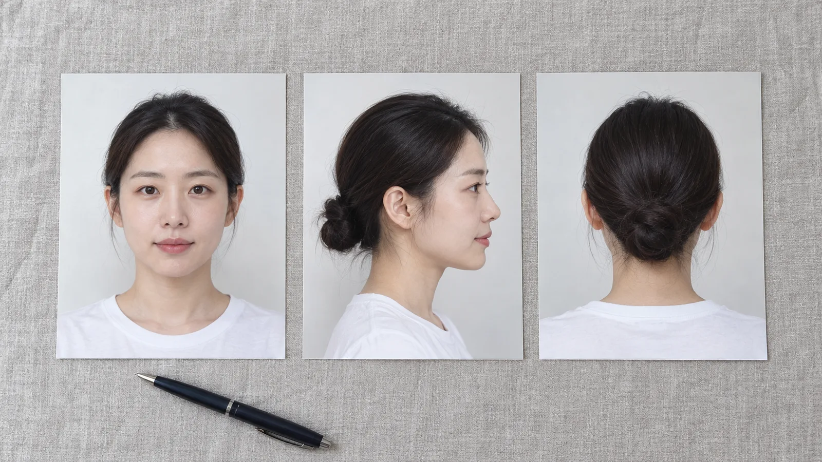 책상 위에 나란히 놓인 같은 여성의 정면, 옆모습, 뒷모습 인쇄 사진 세 장과 펜 한 자루