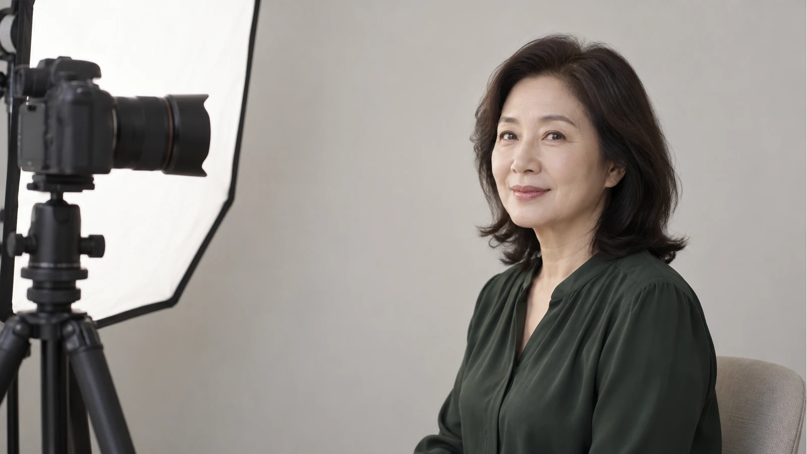 고정 카메라와 큰 조명 앞에 짙은 초록색 상의를 입고 앉아 있는 성인