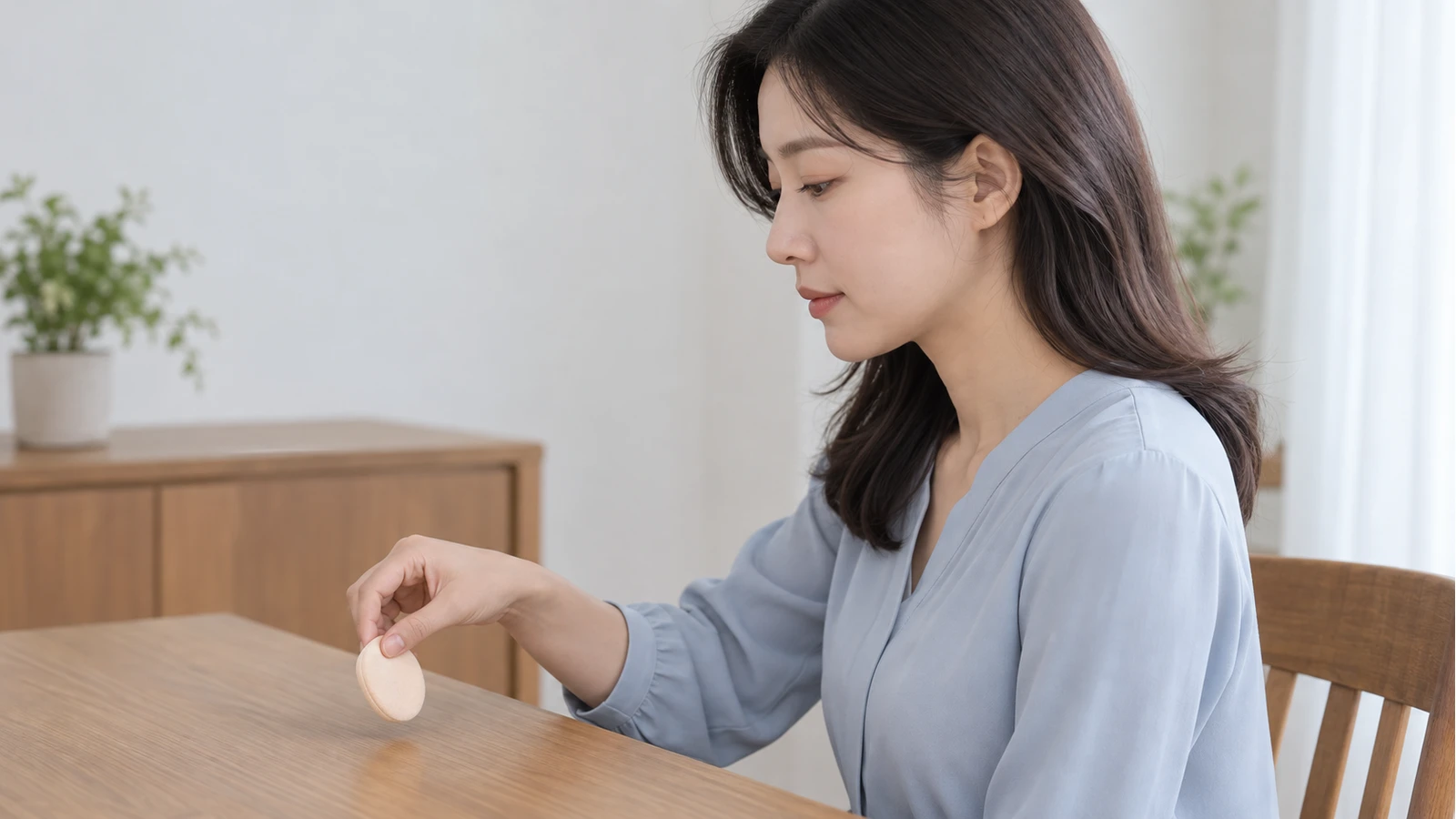 하늘색 상의를 입은 성인이 눈가에서 떨어진 화장 퍼프를 테이블 쪽으로 내려놓는 모습