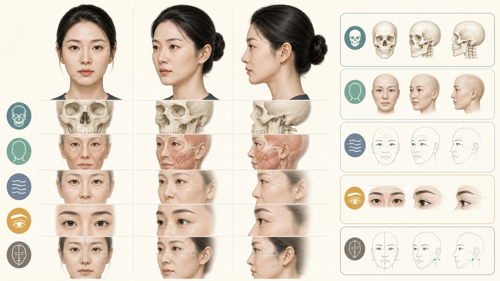 정면·45도·측면의 이마 윤곽과 무표정·눈썹을 올린 표정을 나누어 기록한 상담 지도