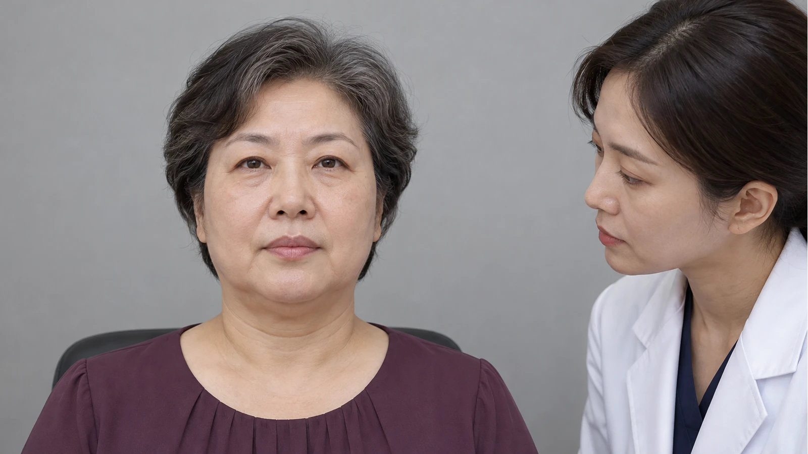 자주색 상의를 입고 정면으로 앉은 성인의 볼과 턱 아래를 의료진 역할 인물이 옆에서 관찰하는 모습