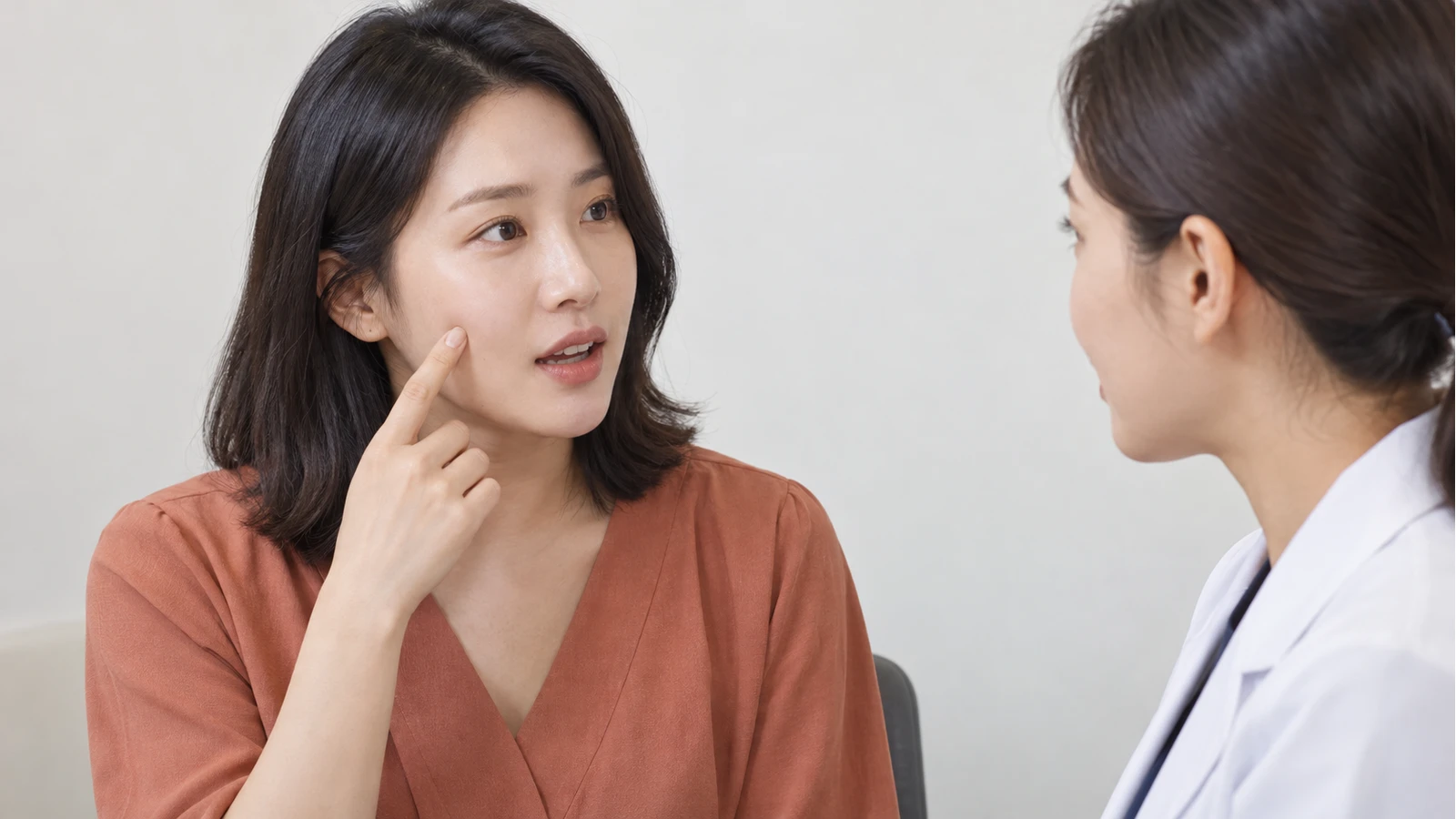 주황빛 상의를 입은 성인이 검지 끝을 볼에 가볍게 대며 의료진 역할 인물과 대화하는 모습