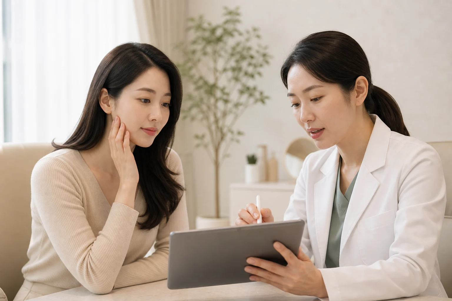 과거 시술 이력을 확인하고 얼굴 부위별 초음파 조사 계획을 세우는 진주 리니어지 상담 모습