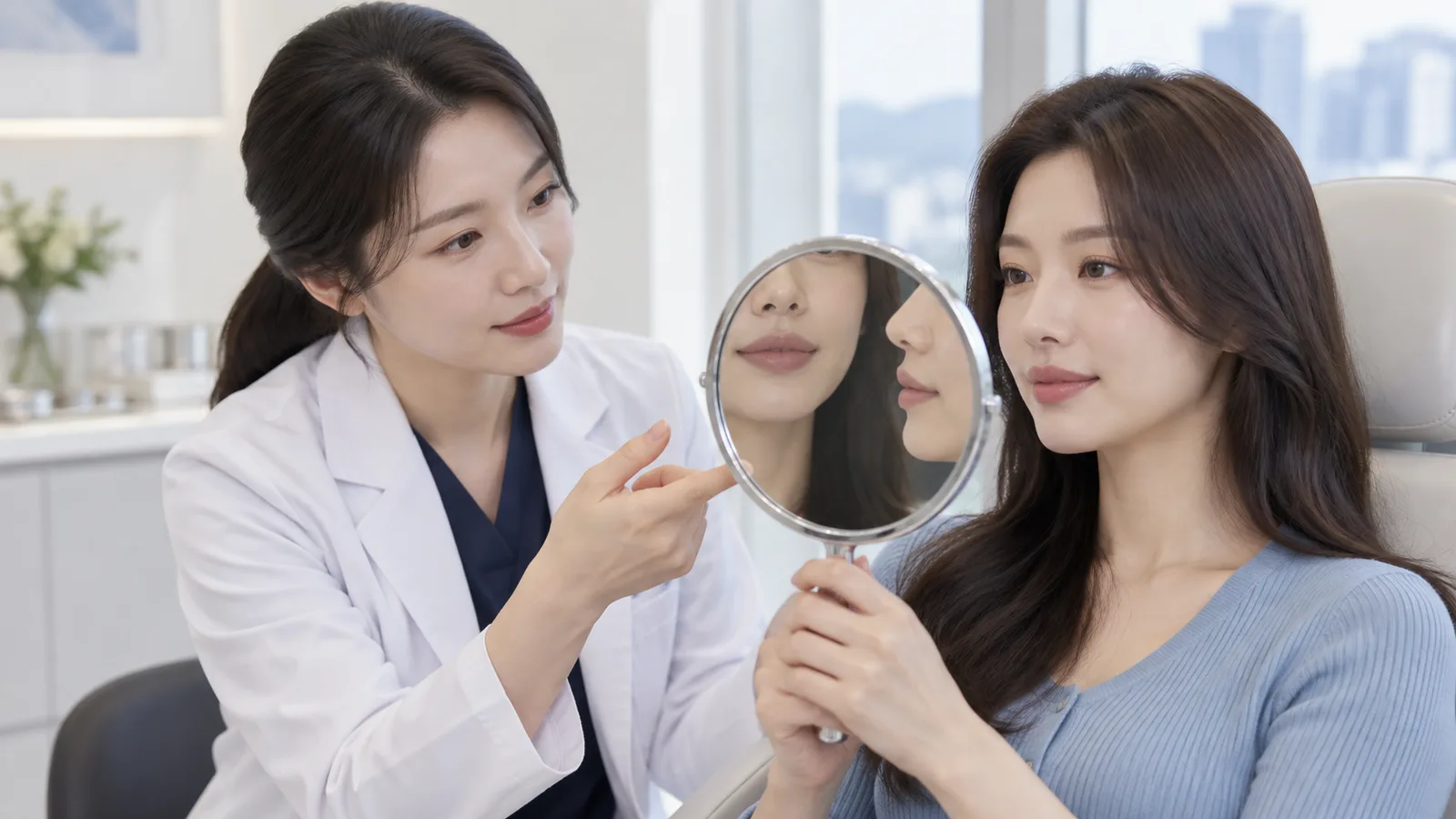 거울로 입술의 정면과 측면 움직임을 확인하며 필러 목표를 상의하는 장면