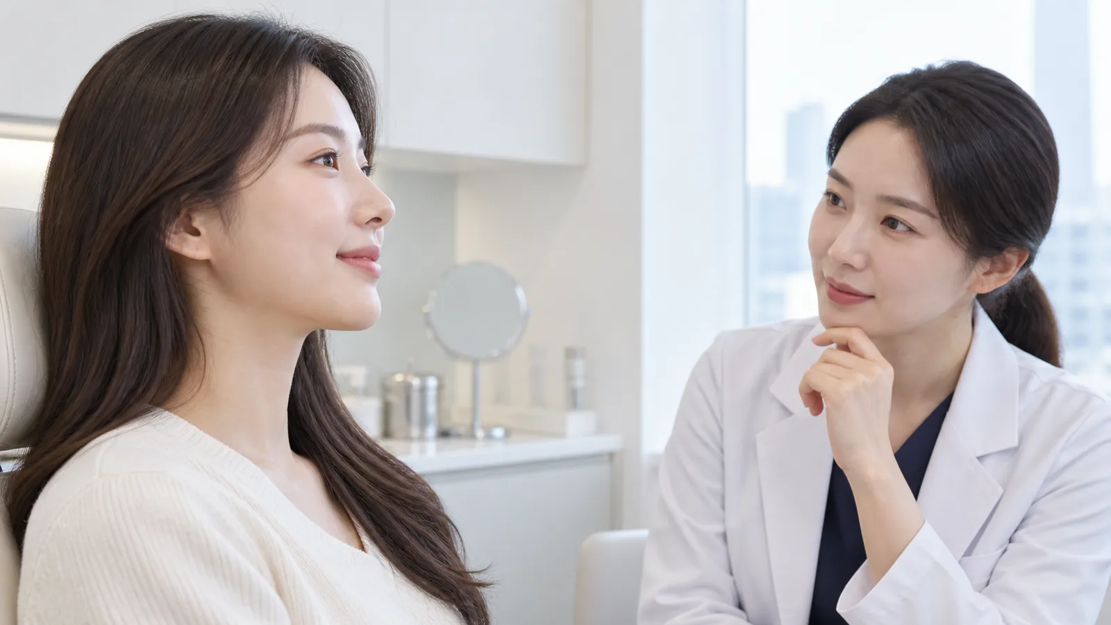 환자가 자연스럽게 미소 지을 때 입술 움직임을 관찰하는 비시술 상담 모습