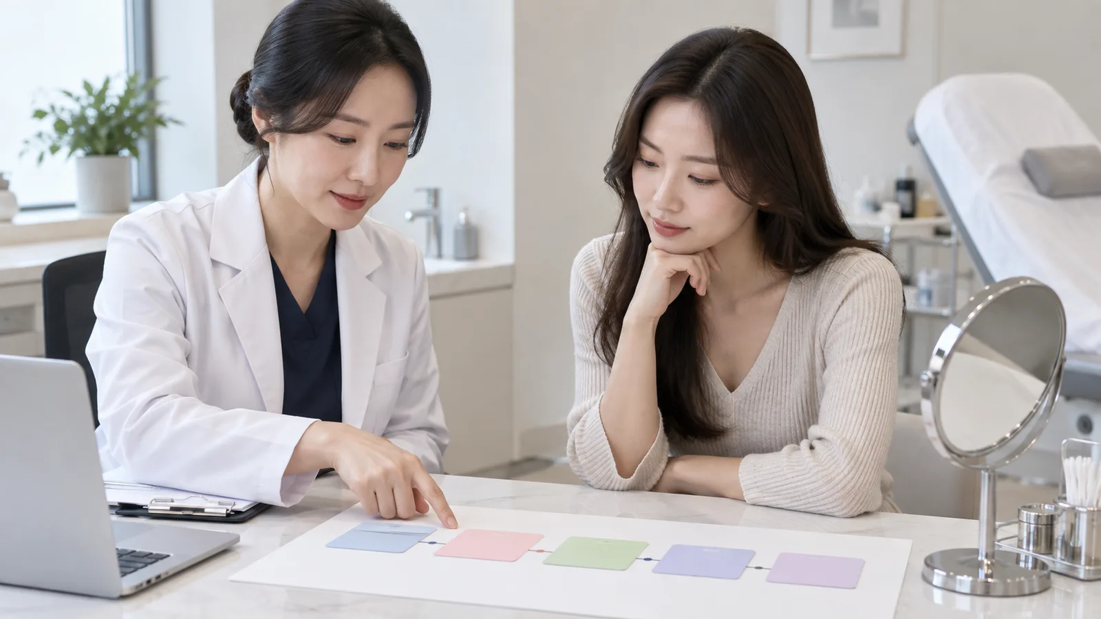 과거 시술과 복용 약 이력을 색상 카드로 정리해 의료진과 확인하는 진료실 책상
