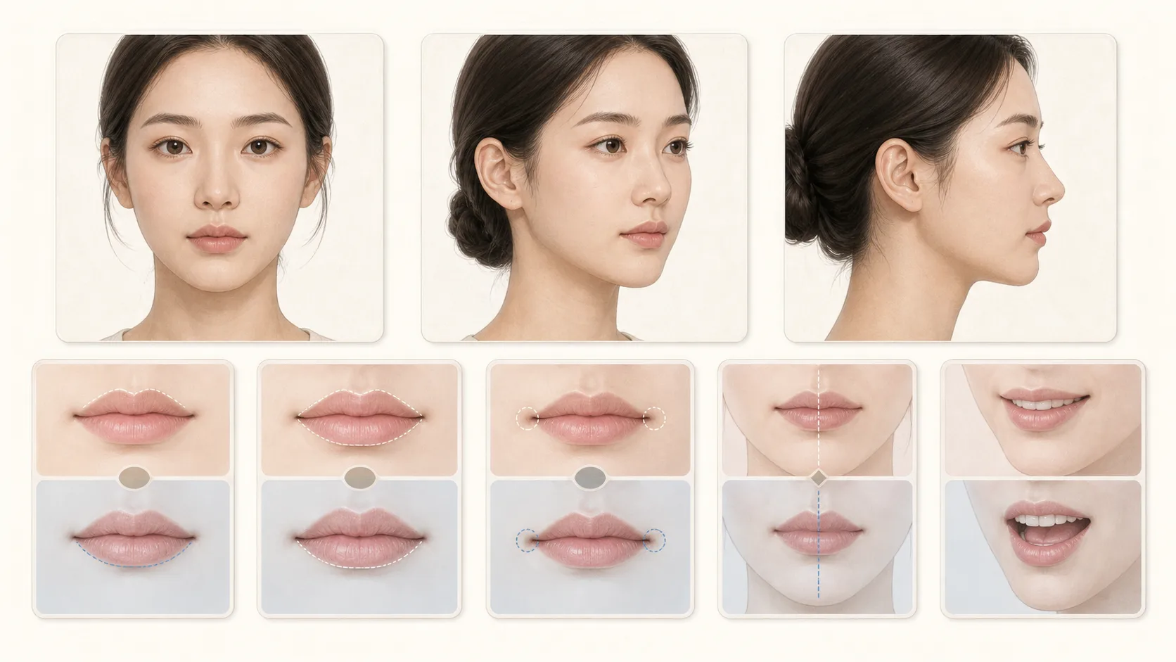 정면·45도·측면에서 윗입술과 아랫입술 균형, 입술선과 좌우 차이를 나누어 기록한 상담 지도