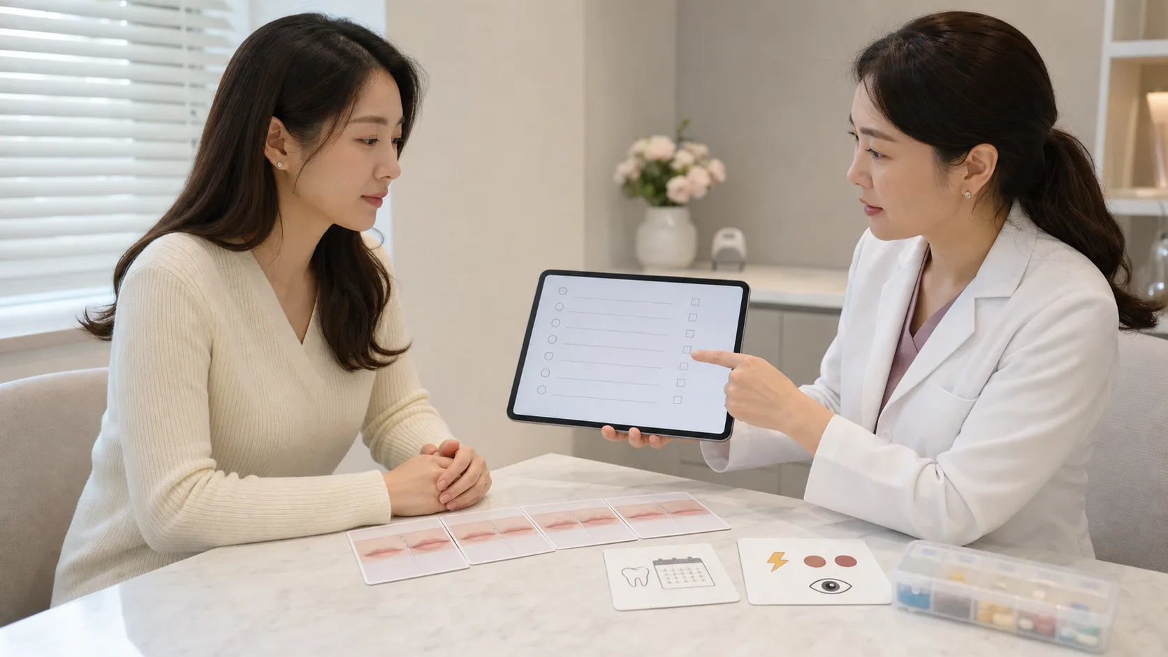 입술필러 상담에서 과거 제품과 부기·결절 반응, 입술포진과 치과 일정, 복용약을 확인하는 장면