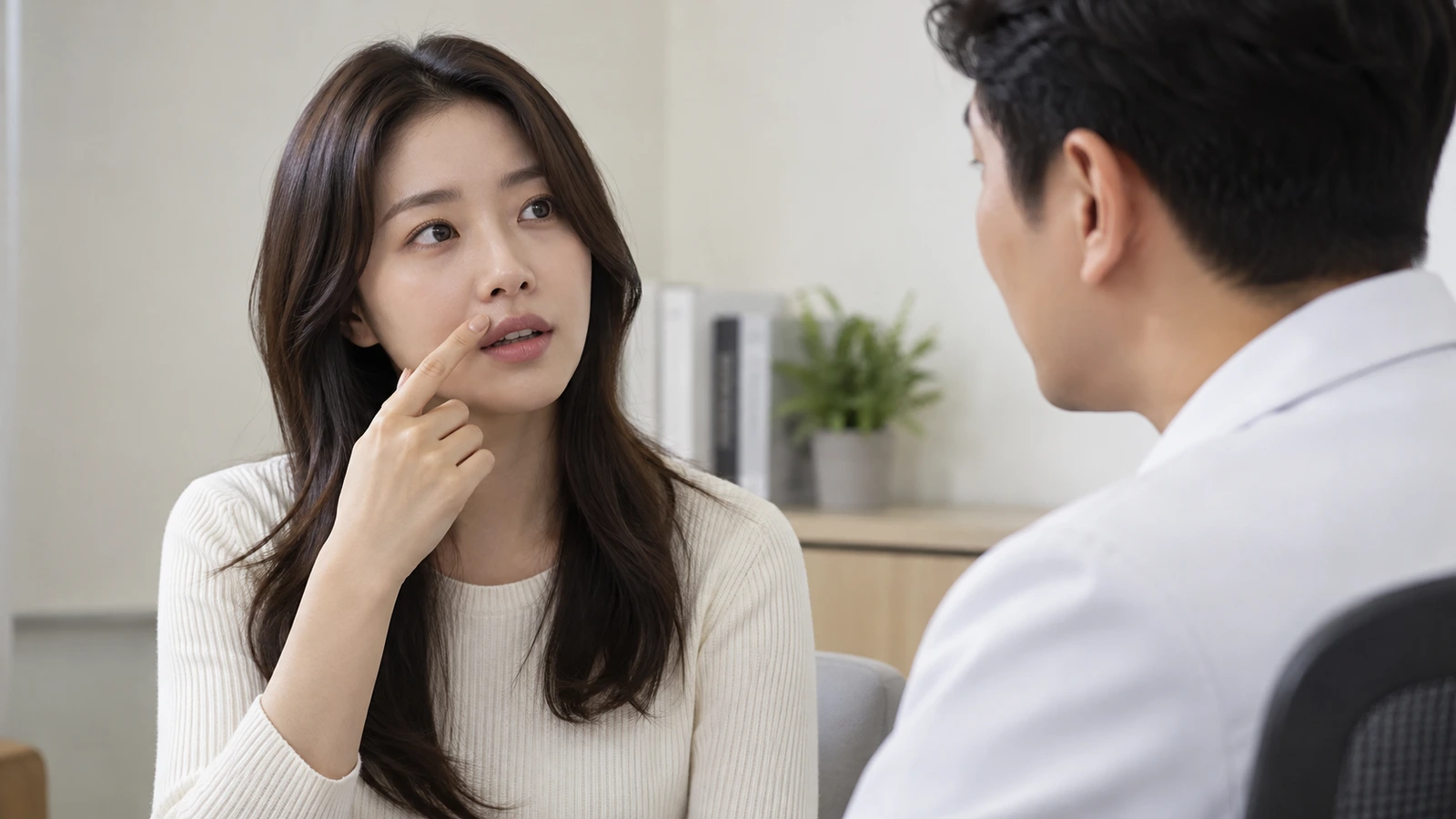 윗입술 바로 위 피부에 검지 끝을 대고 흰 가운을 입은 사람에게 설명하는 성인