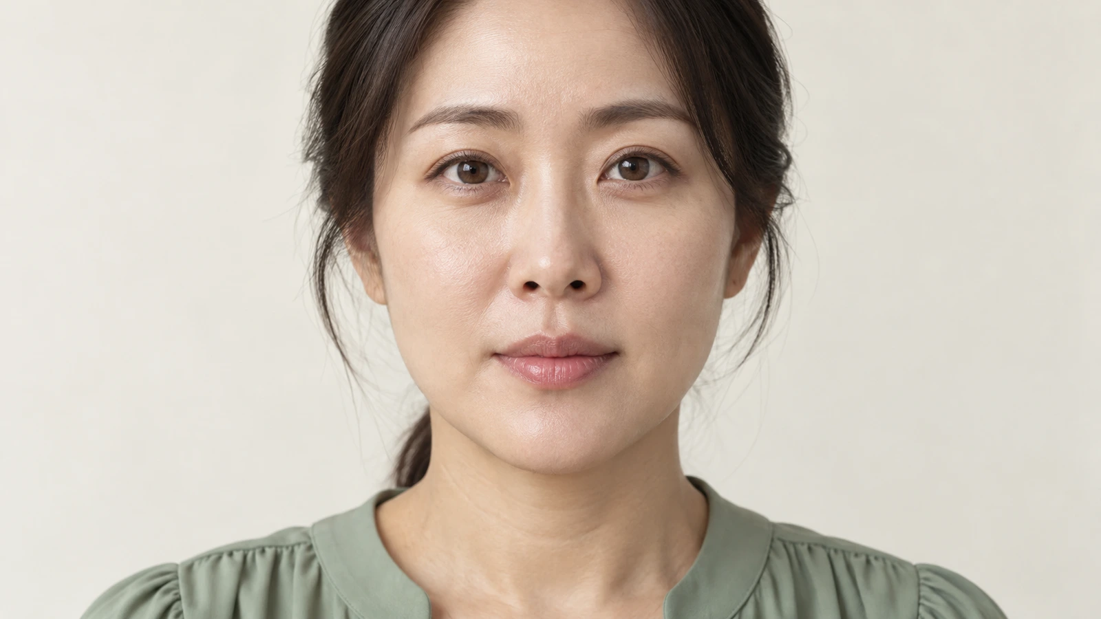 연녹색 상의를 입은 여성이 입을 다문 채 정면을 바라보며 양쪽 턱선이 보이는 모습
