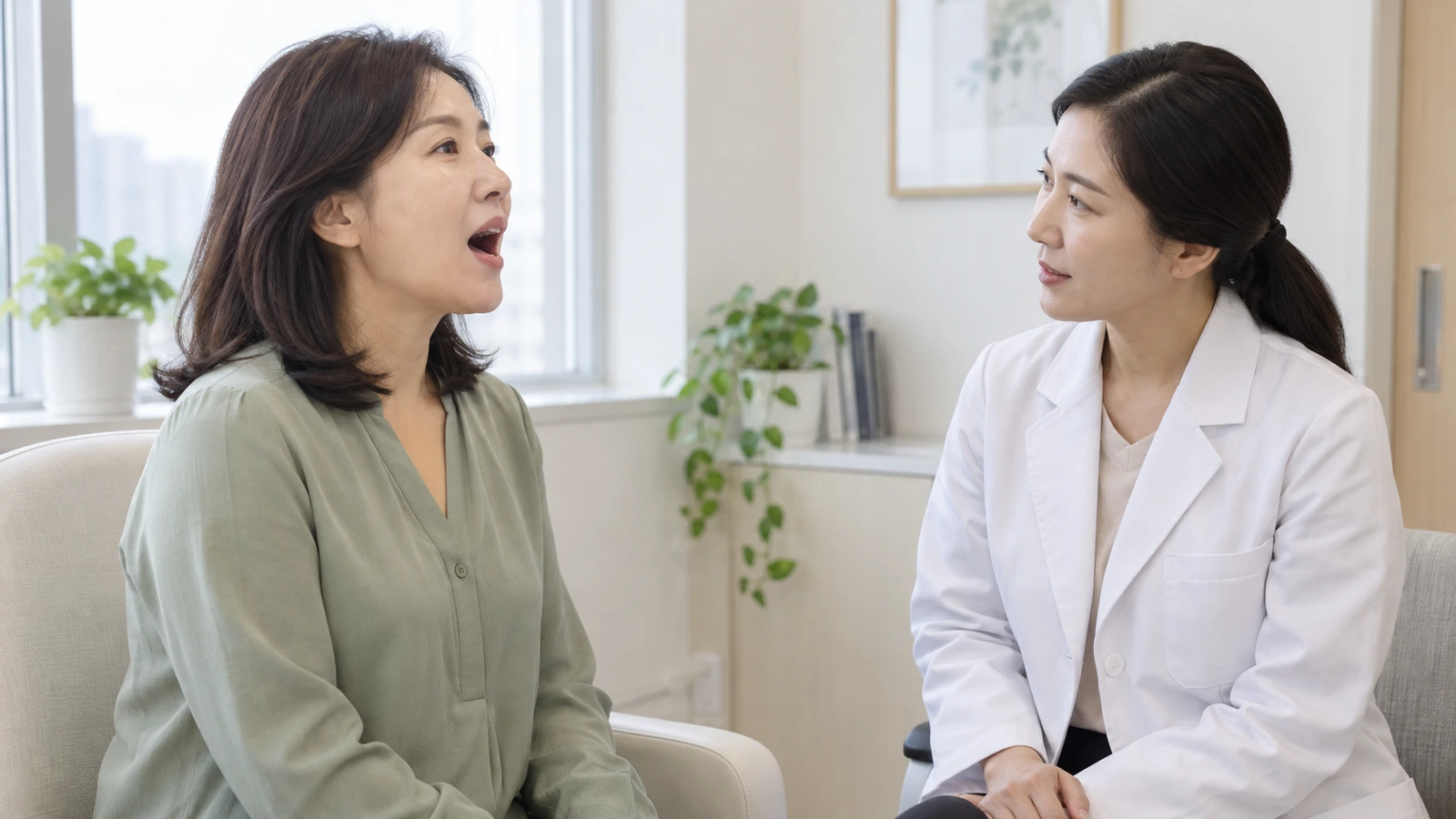 연녹색 상의를 입은 여성이 입을 벌리고 흰 가운 차림의 여성이 마주 앉아 바라보는 모습