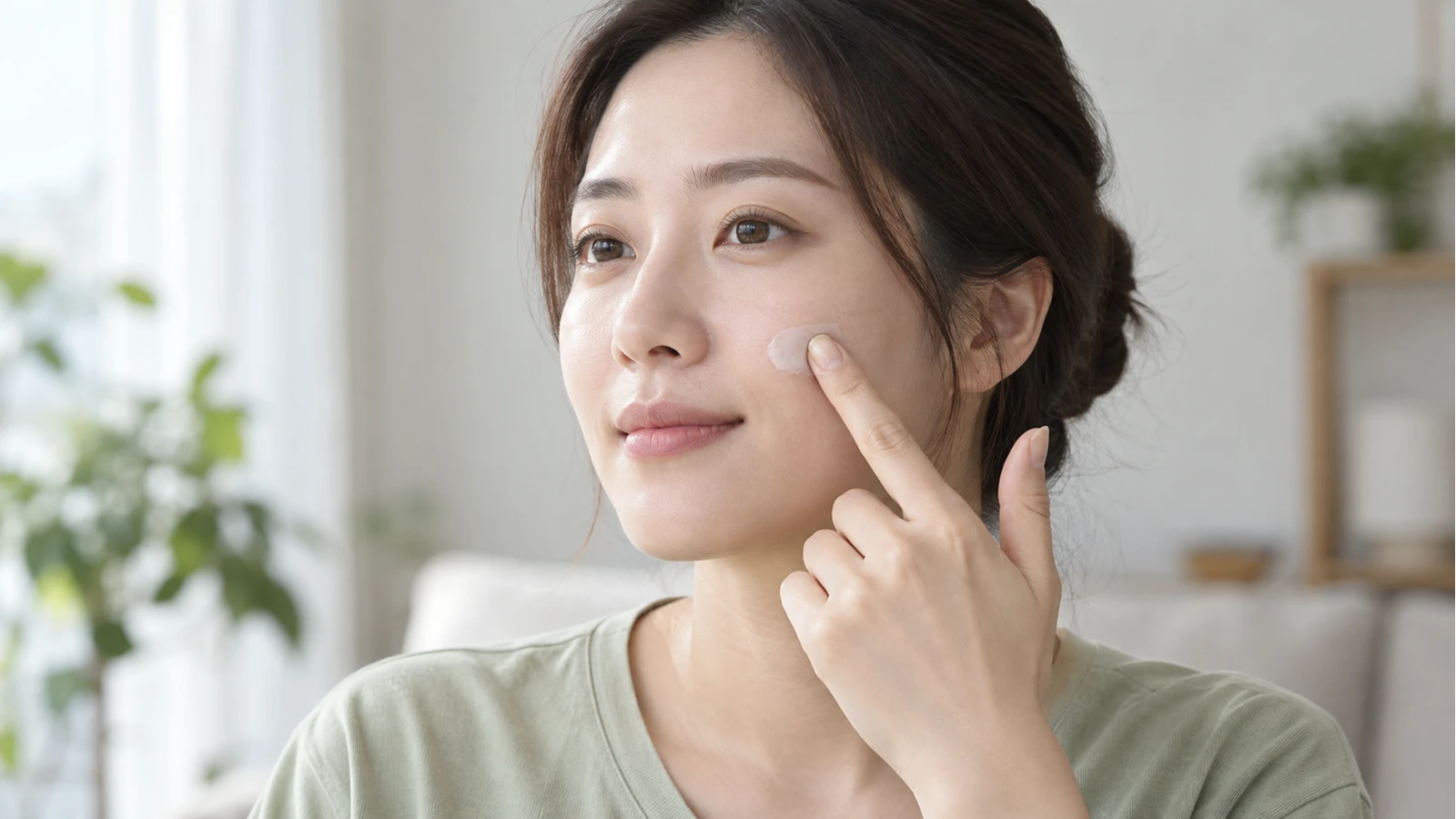 연녹색 상의 성인이 검지로 볼의 작은 부위에 흰 크림을 펴 바르는 모습