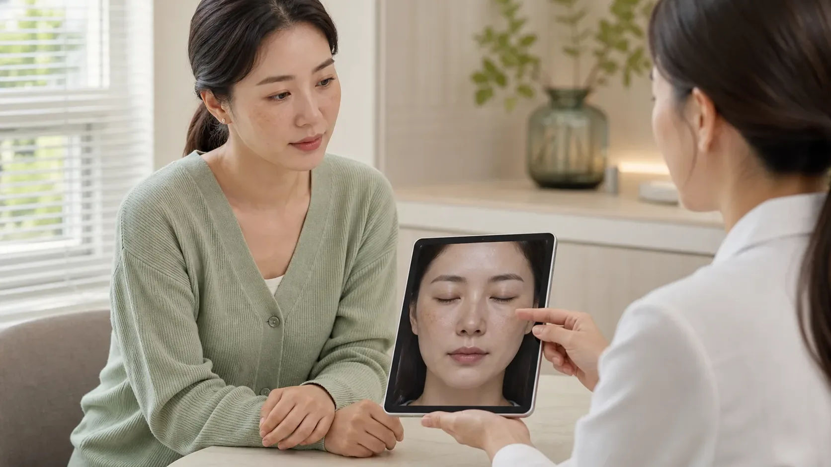 얼굴의 갈색 반점을 관찰하고 기미 치료 계획을 세우는 과정