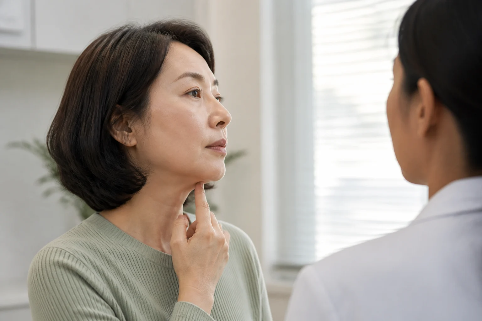 의료진이 환자의 턱밑 피부 늘어짐과 지방량을 진찰하는 진주 온다 상담 모습