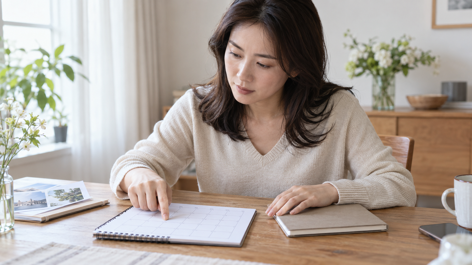 달력의 한 날짜를 손가락으로 가리키며 일정을 확인하는 성인 여성