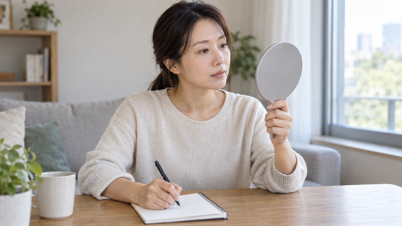 손거울로 얼굴을 살피며 노트에 관찰 내용을 적는 성인 여성