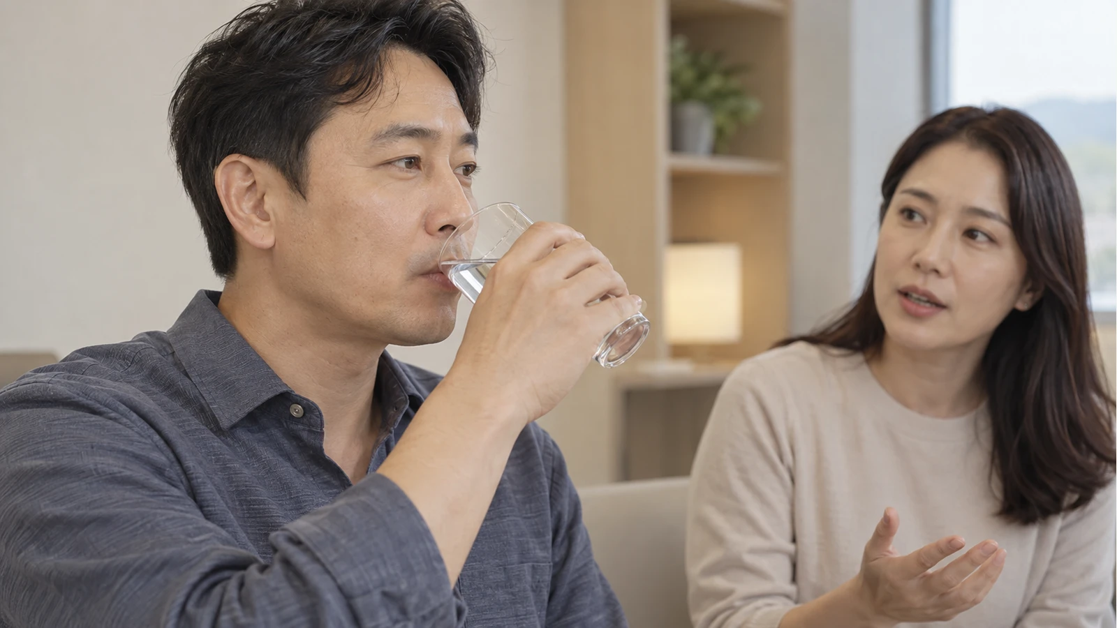 옆 여성이 손짓하며 이야기하는 동안 남성이 유리컵의 물을 마시는 모습