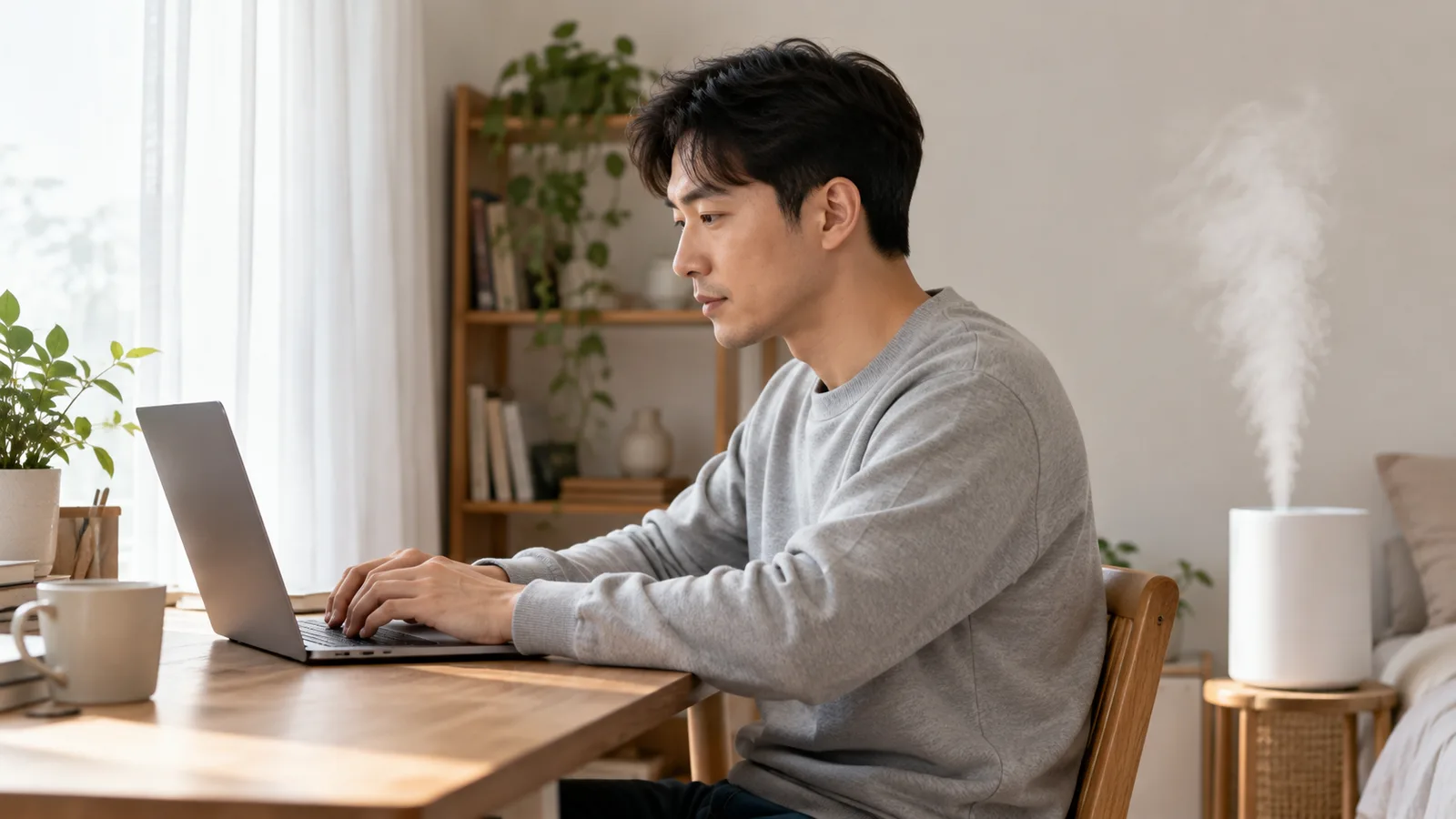 흰 가습기에서 수증기가 오르는 방에서 노트북으로 일하는 회색 맨투맨 남성