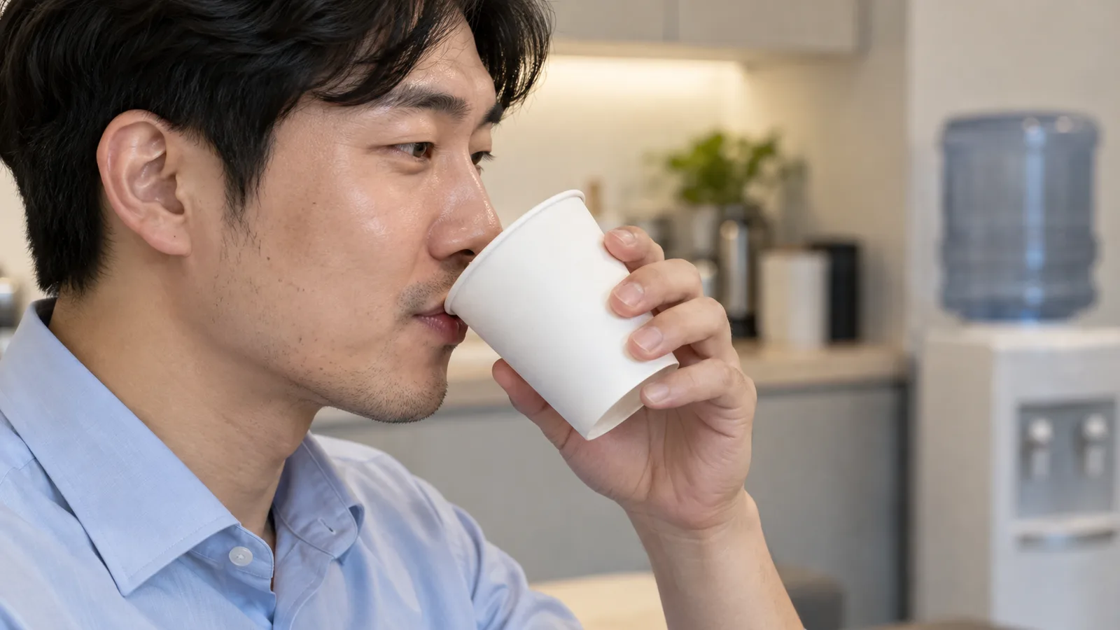 탕비실에서 흰 종이컵으로 물을 마시는 하늘색 셔츠 남성의 옆얼굴
