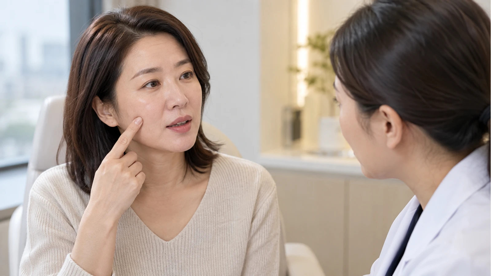 여성이 한쪽 볼을 검지로 가리키며 의료진 역할의 여성에게 설명하는 모습