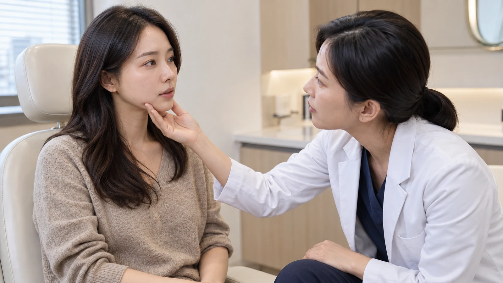 의료진 역할의 여성이 고객의 턱 아래를 가볍게 받치며 얼굴 피부를 가까이 살피는 모습