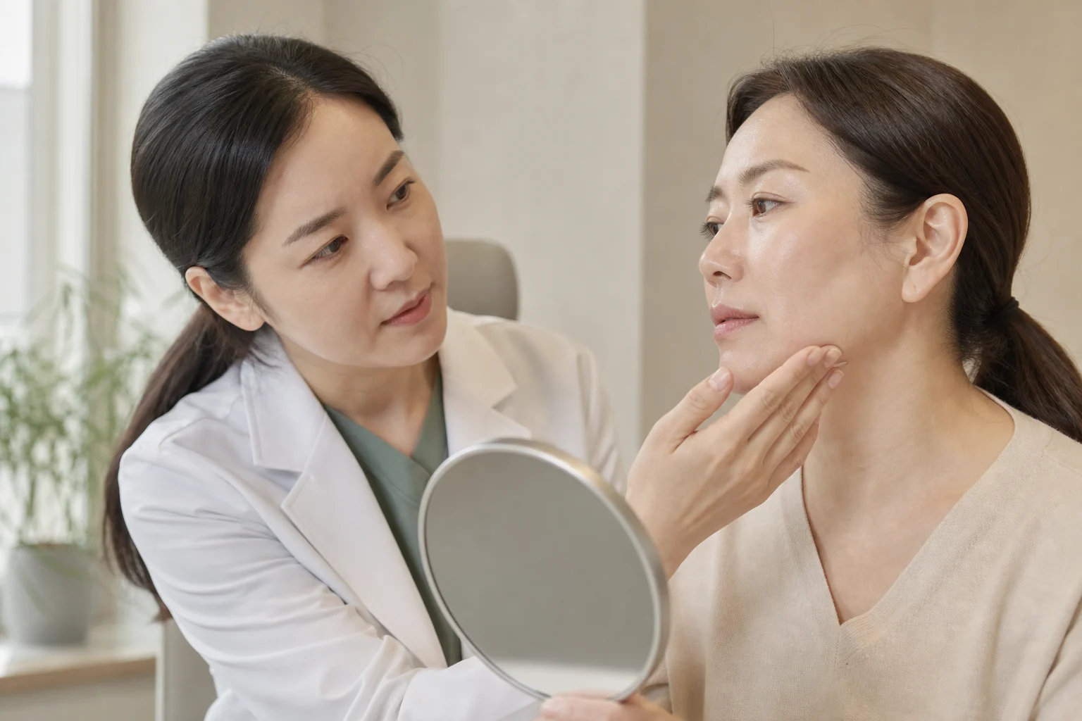 의료진이 환자의 피부 처짐과 볼륨 상태를 진찰하는 진주 써마지 상담 모습