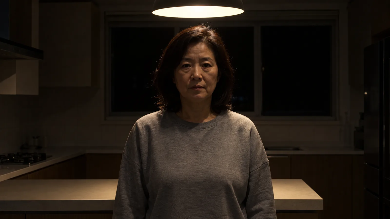 어두운 밤 주방에서 머리 위 펜던트 조명 하나 아래 선 중년 여성의 눈썹 아래와 눈 밑, 코 옆에 짙은 그림자가 져 있다.