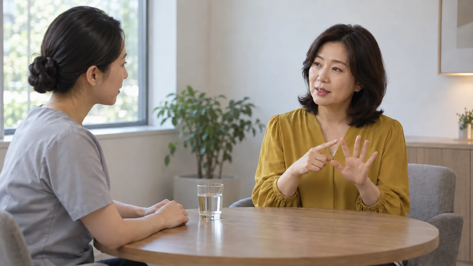 둥근 나무 탁자에서 머스터드색 블라우스를 입은 여성이 펼친 왼손 손가락을 오른손 검지로 짚으며 말하고, 회색 상의를 입은 사람이 두 손을 탁자에 둔 채 듣고 있다.