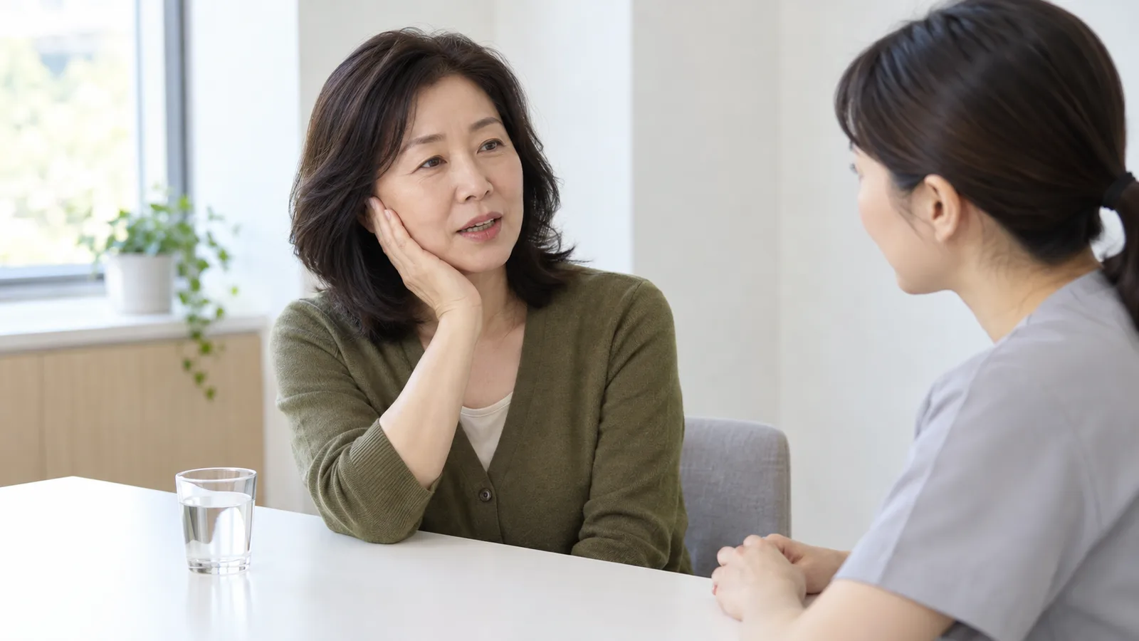 흰 상담 탁자에서 올리브색 카디건을 입은 중년 여성이 한 손바닥으로 볼 옆을 감싸며 말하고, 회색 상의를 입은 맞은편 인물이 듣고 있다.