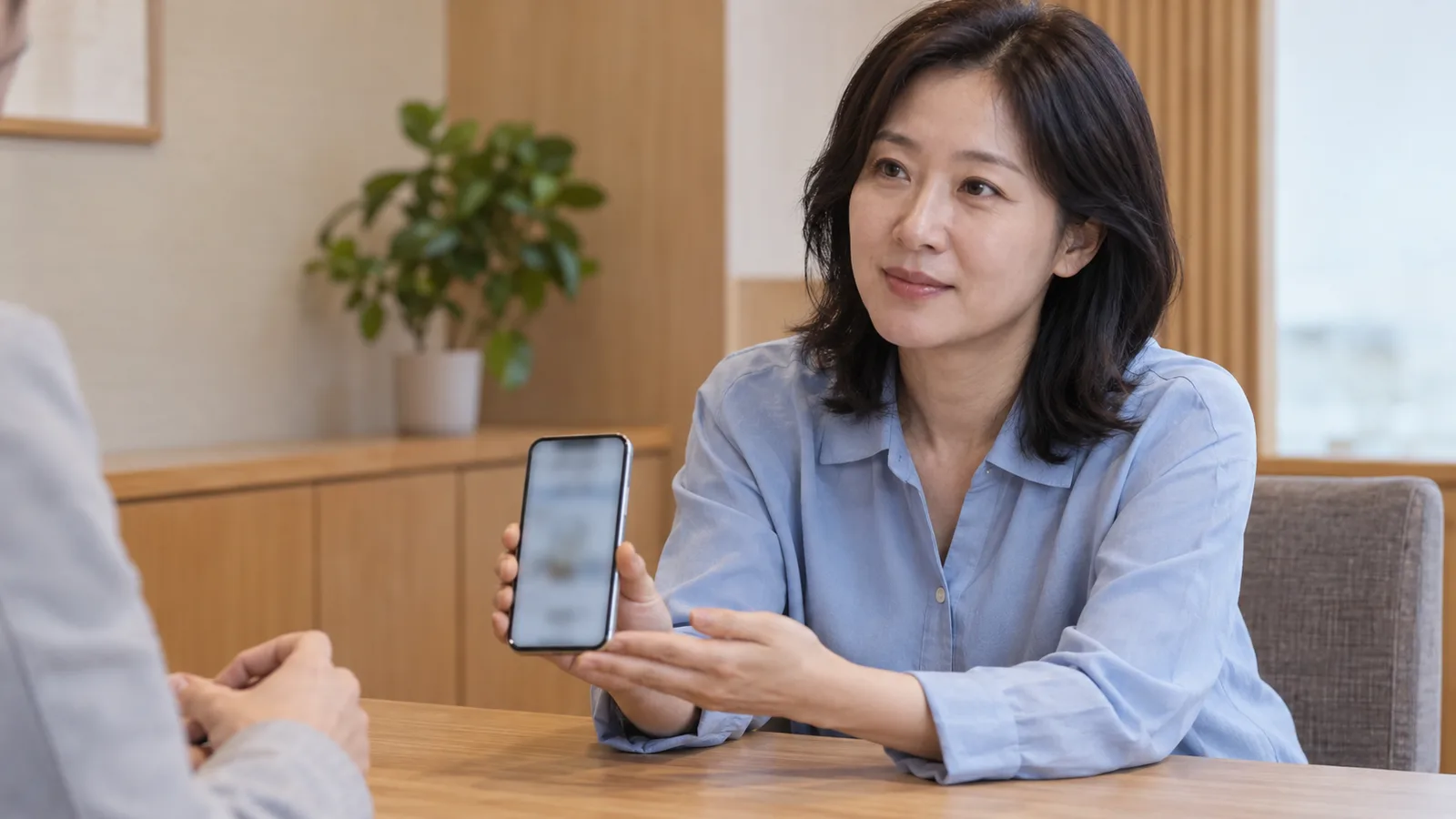 원목 상담 탁자에서 하늘색 블라우스를 입은 중년 여성이 흐린 화면의 휴대폰을 맞은편 인물 쪽으로 돌려 보여 주고 있다.