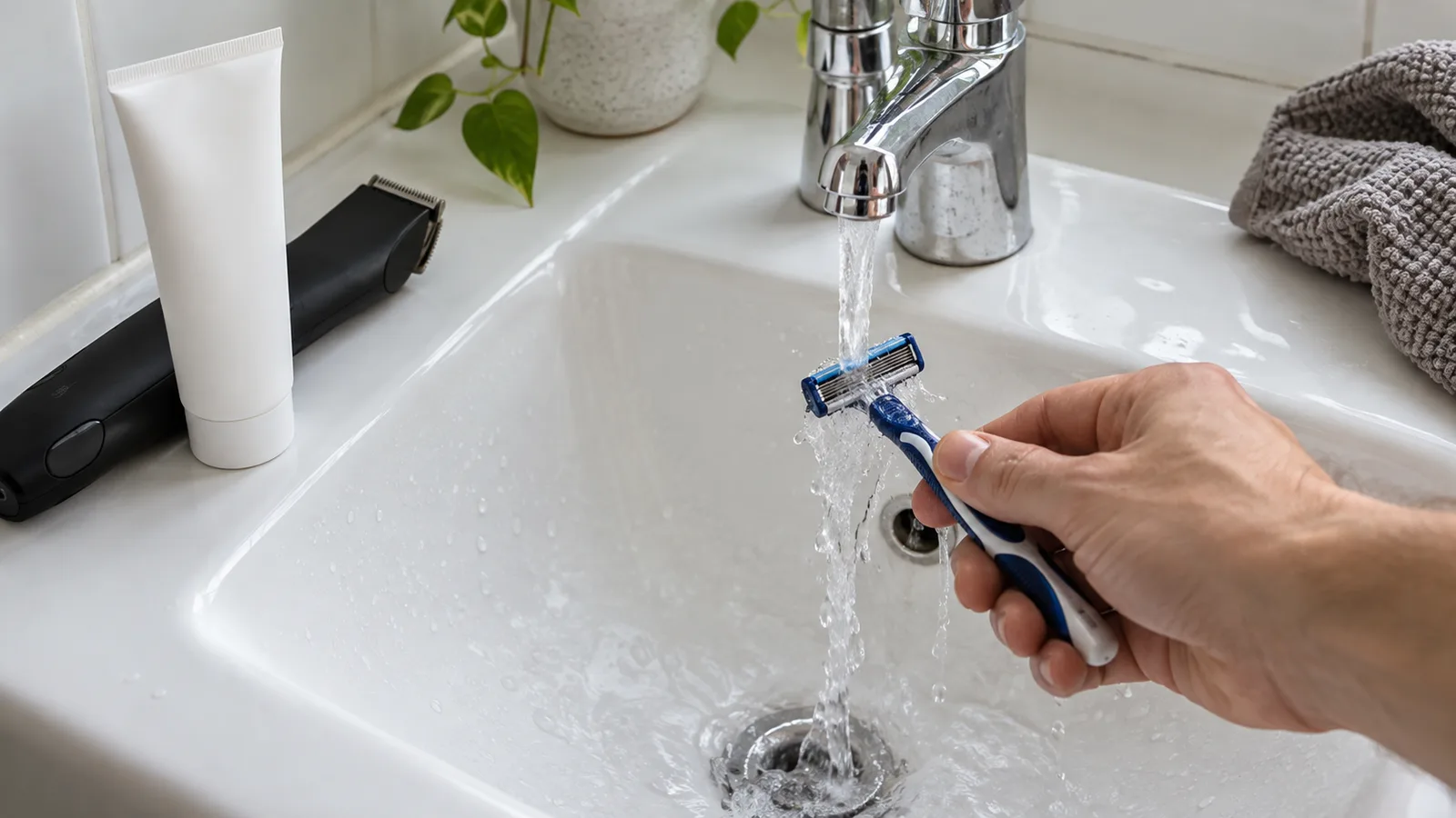 세면대 위 흐르는 수돗물에 한 손이 파란 일회용 면도기의 날을 헹구고 있고, 가장자리에 검은 전기 트리머와 흰 셰이빙 젤 튜브가 놓여 있다.