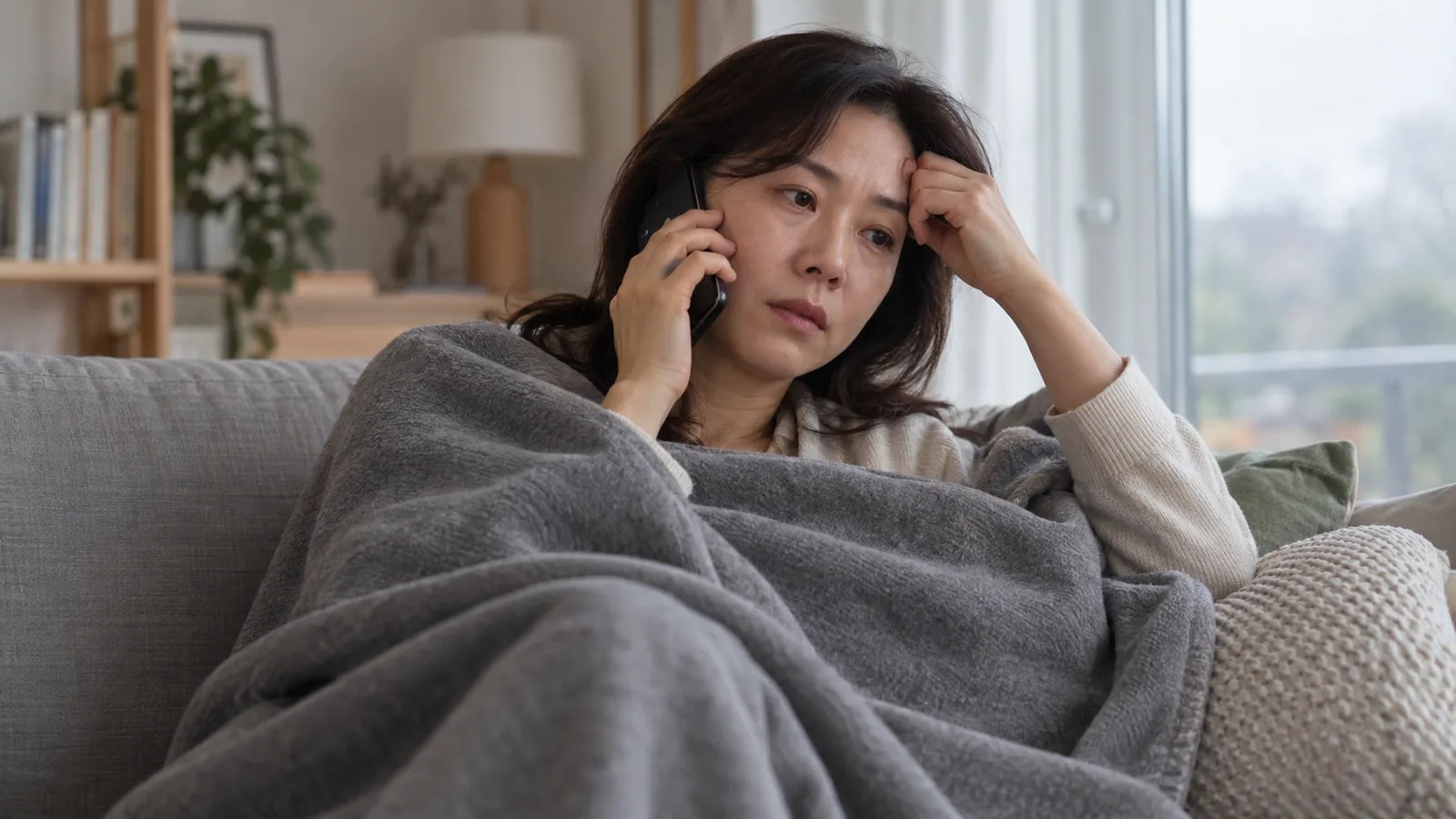 거실 소파에 회색 담요를 덮고 앉은 여성이 한 손을 이마에 대고 다른 손으로 휴대전화를 귀에 댄 채 걱정스러운 표정으로 통화하고 있다.
