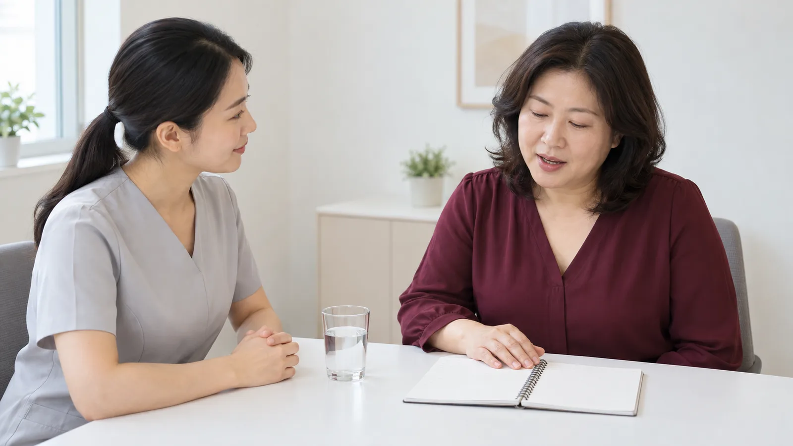 밝은 상담 공간의 흰 탁자에서 와인색 블라우스를 입은 성인 여성이 자기 앞에 펼친 빈 스프링 수첩에 손을 얹고 보며 말하고, 맞은편 연회색 상의의 의료진 역할 인물이 듣고 있다.