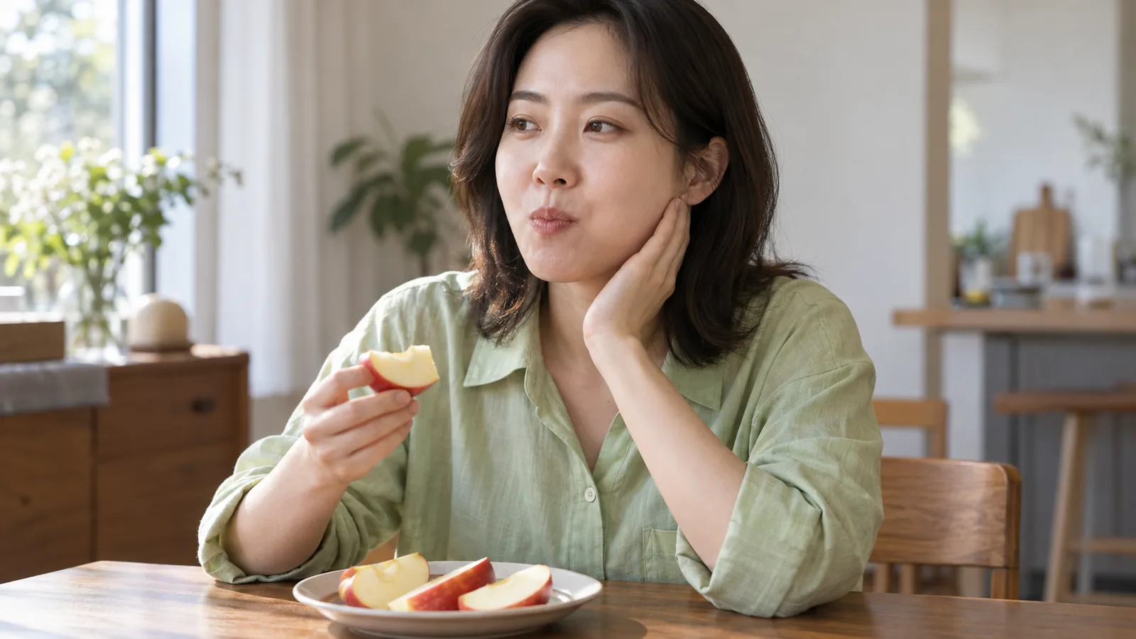 식탁에 앉은 성인 여성이 한 손에 사과 조각을 들고 씹으며 다른 손을 턱 옆에 대고 씹는 느낌에 집중하고 있다.